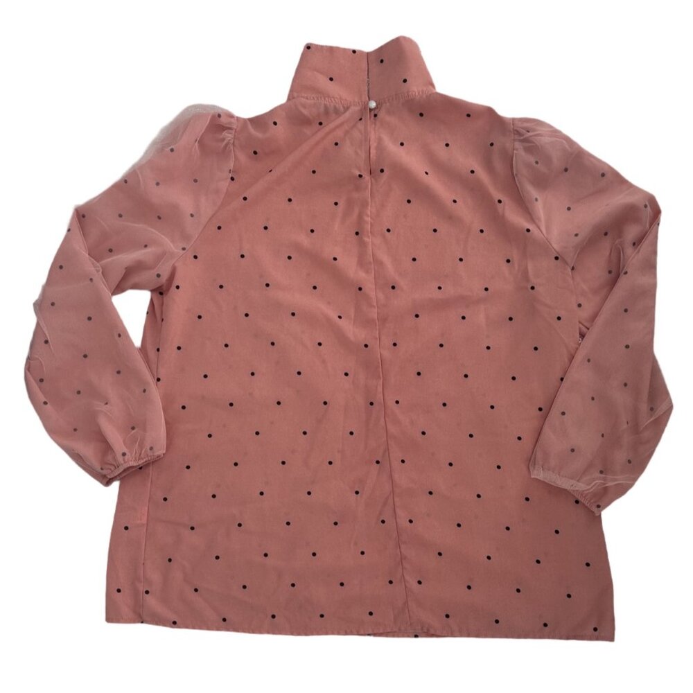NWOT SHEIN Pink with Black Polka Dots Blouse Sheer Sleeves size 0XL - Picture 3 of 5